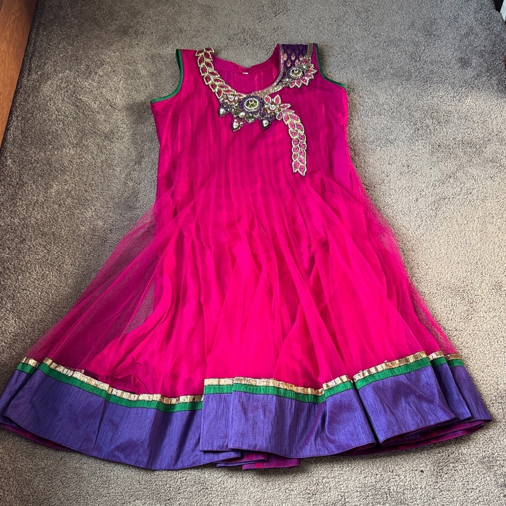Pink Mesh Embellished Indian Dress Sleeveless Ethnic Anarkali Style SIZE XL